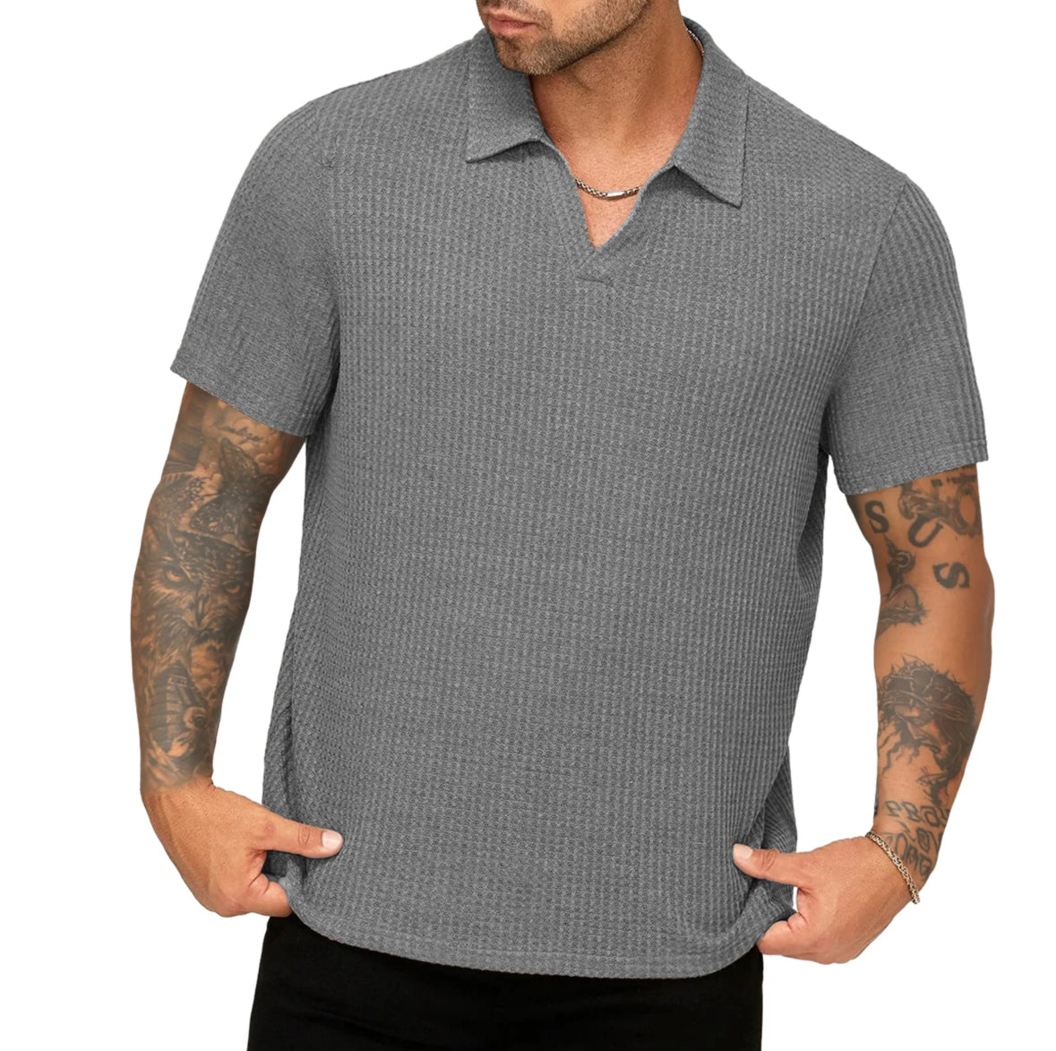 MEN GREY WAFFLE POLO SHIRT
