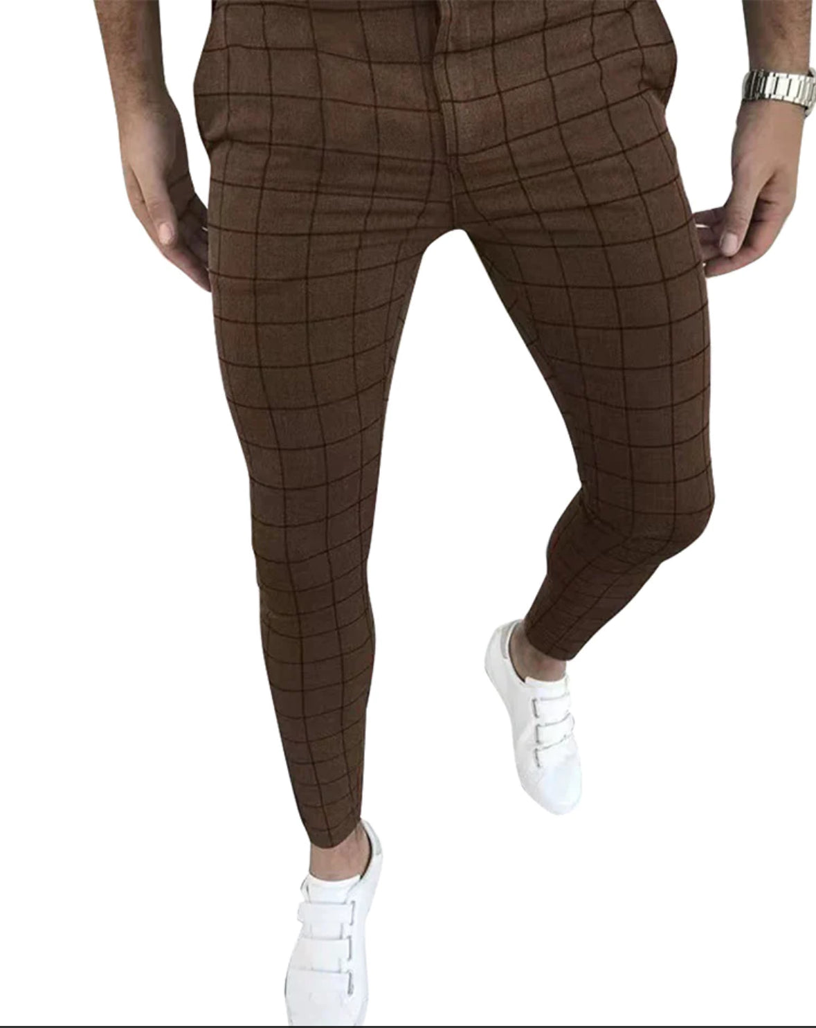 MEN BROWN STRIPE SKINNY CASUAL PANTS