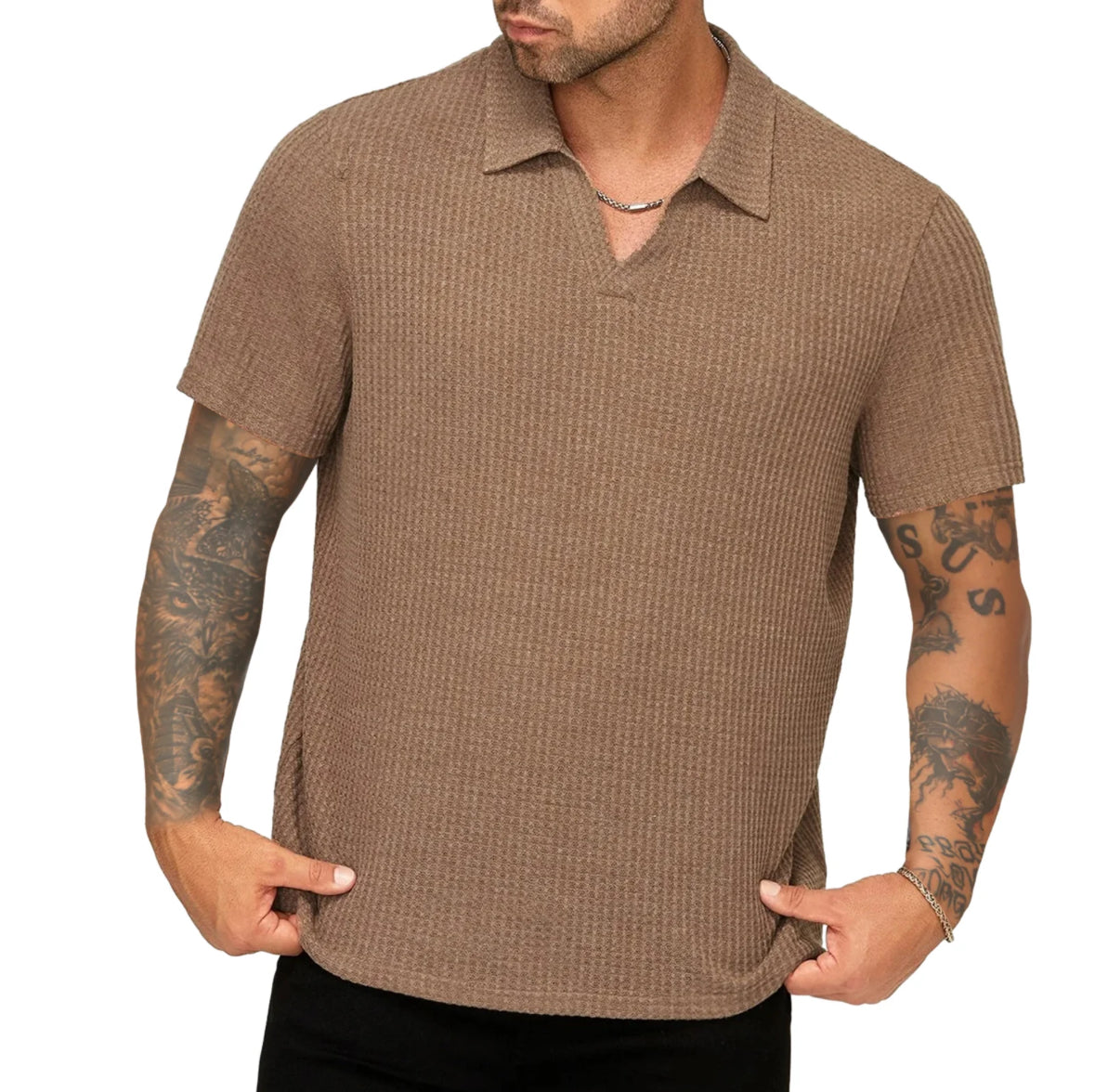 MEN KHAKI WAFFLE POLO SHIRT