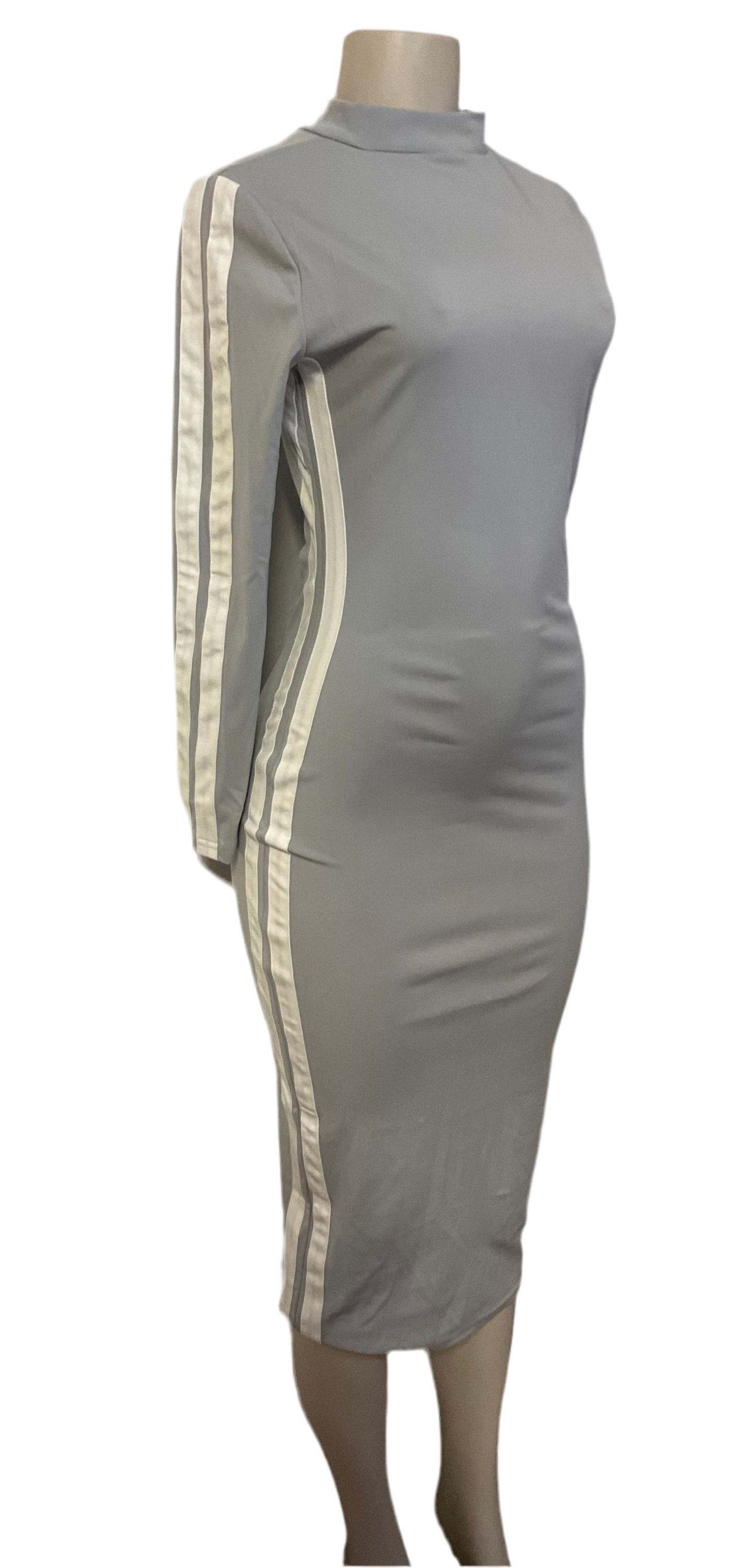GREY WHITE STRIP FITTED DRESS