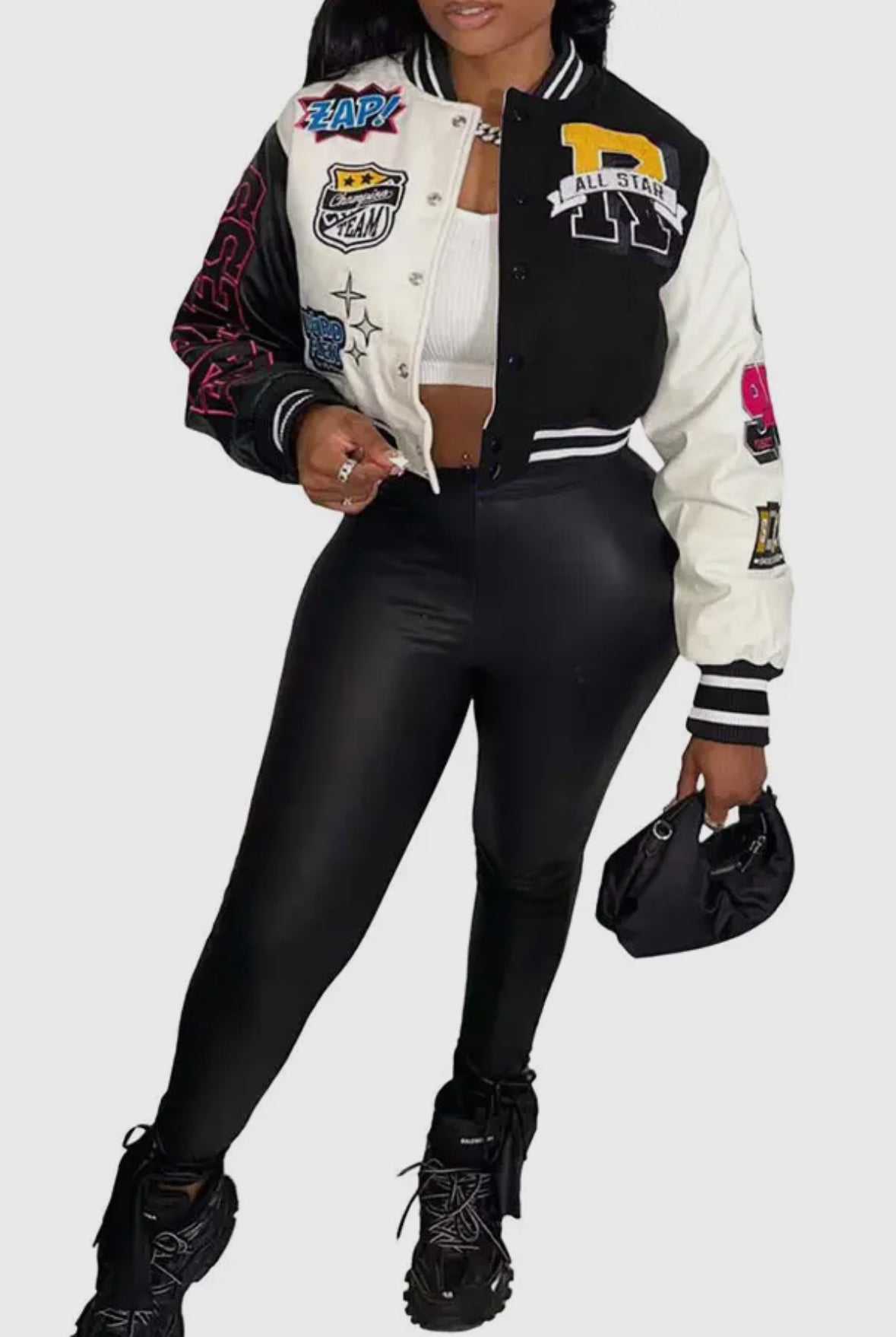 LADIES BLACK & WHITE CROPPED VARSITY JACKET