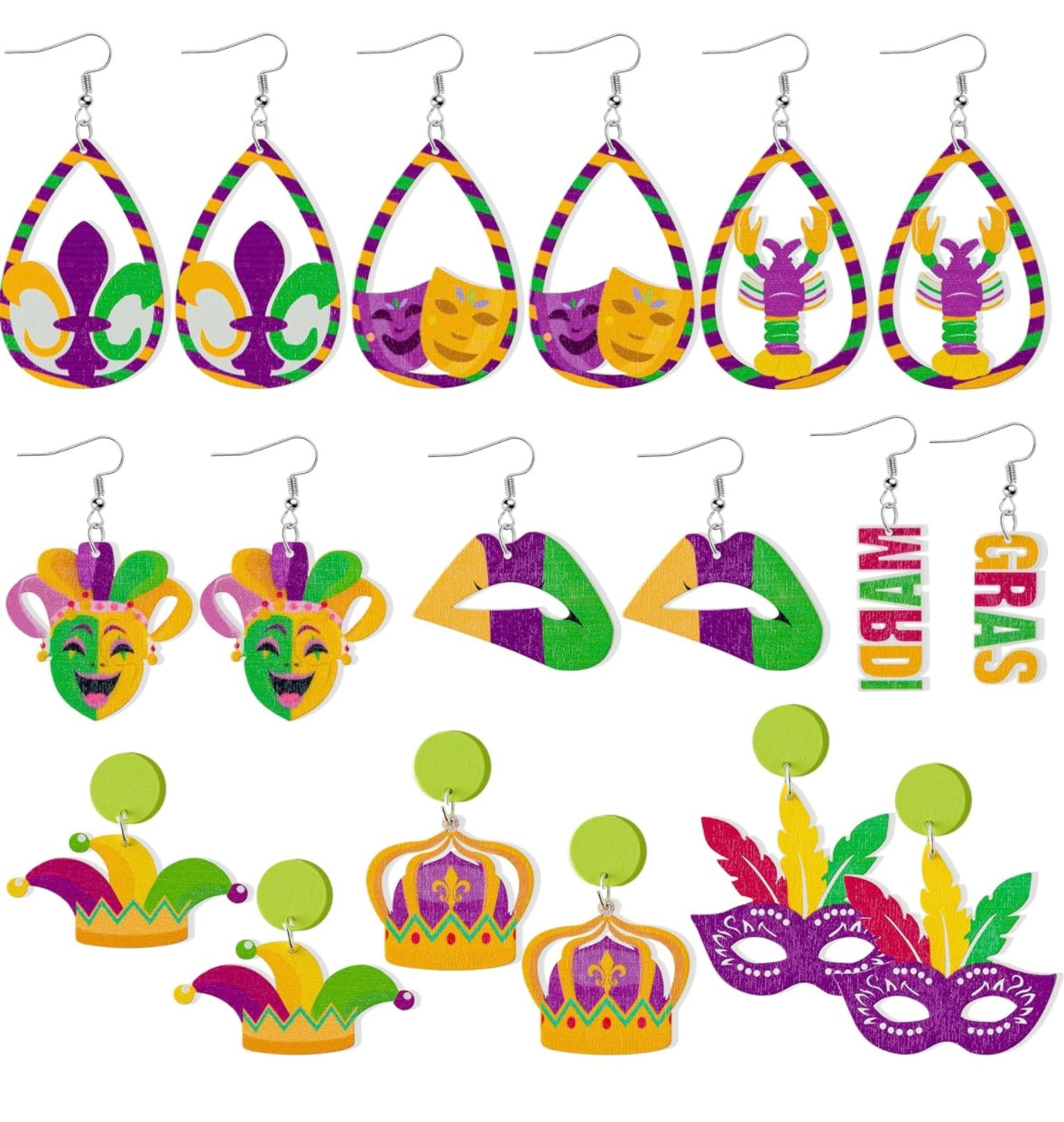 MARDI GRAS WOODEN EAR RINGS