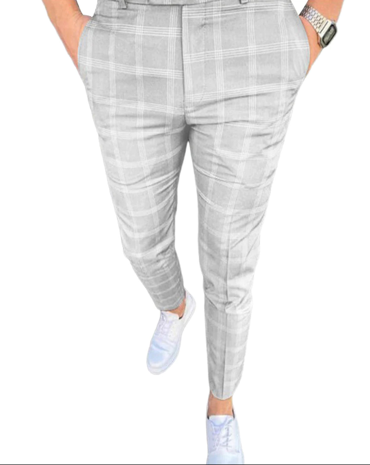 MEN GREY & WHITE STRIPE SKINNY CASUAL PANTS