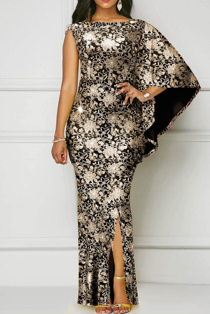 LADIES GOLD & BLACK FLORAL FORMAL DRESS