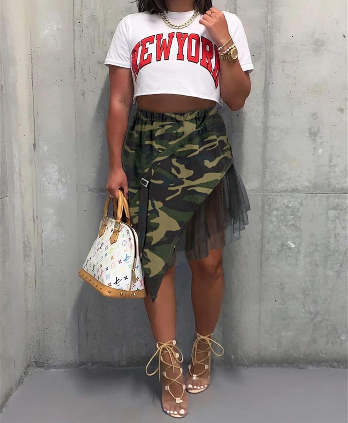Ladies Camo High Waisted Mesh Asymmetrical Skirt