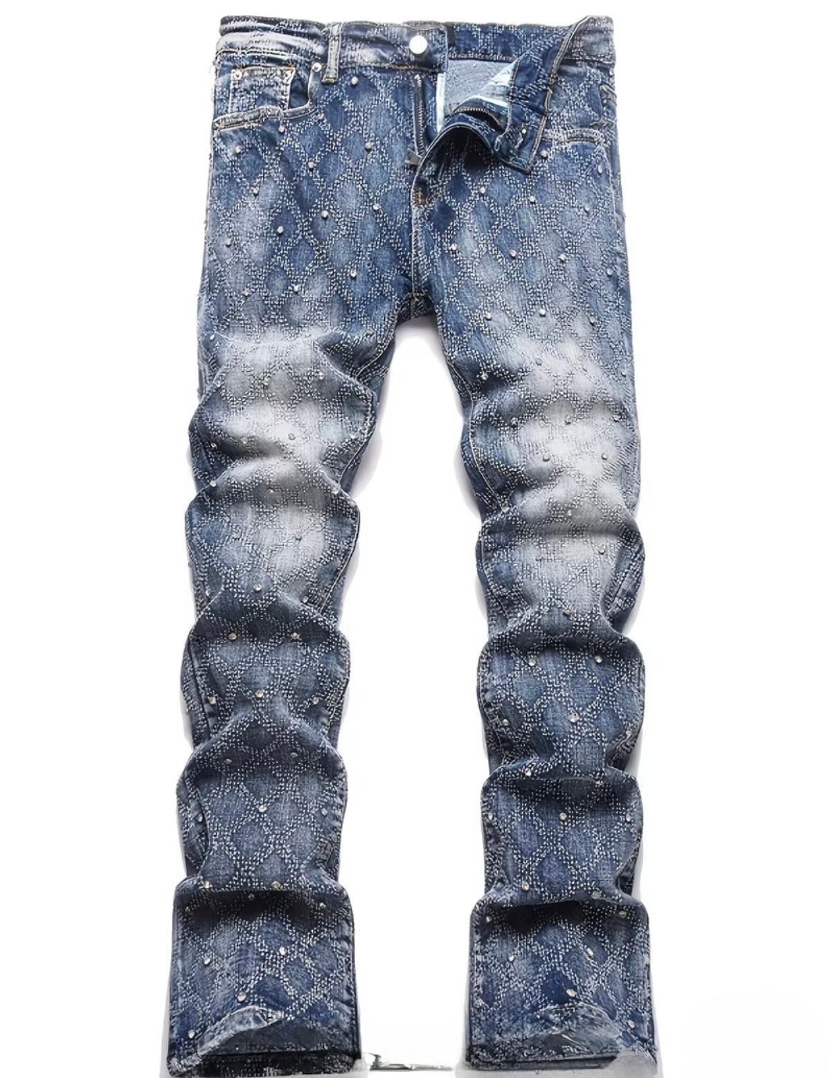Men's Rhinestone Skinny Stacked Straight Leg Slim Fit Vintage Rock Biker Jeans