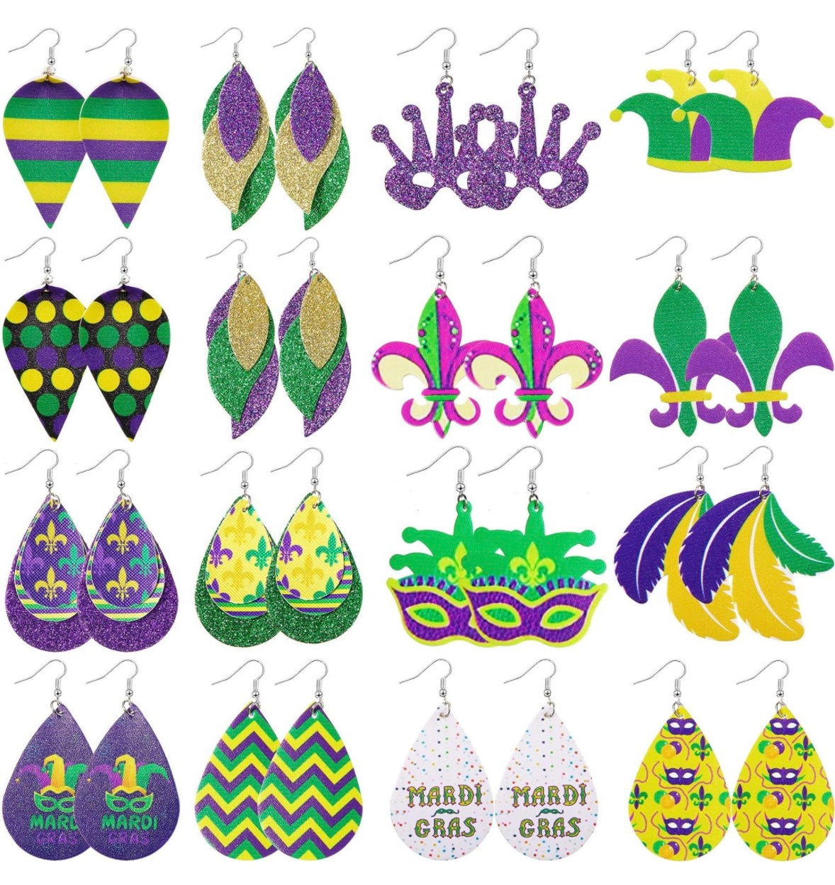 FAUX LEATHER MARDI GRAS EAR RINGS