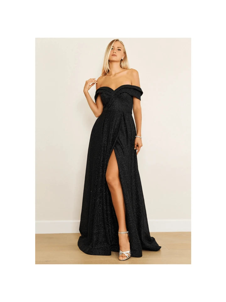 PLUS SIZE BLACK FORMAL OFF THE SHOULDER GLITTER DRESS