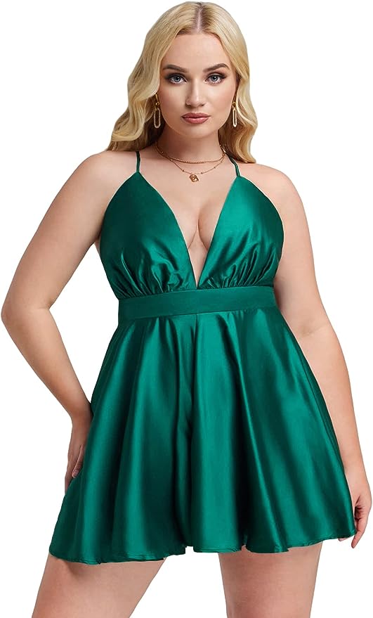 EMERALD GREEN SATIN V NECK ROMPER