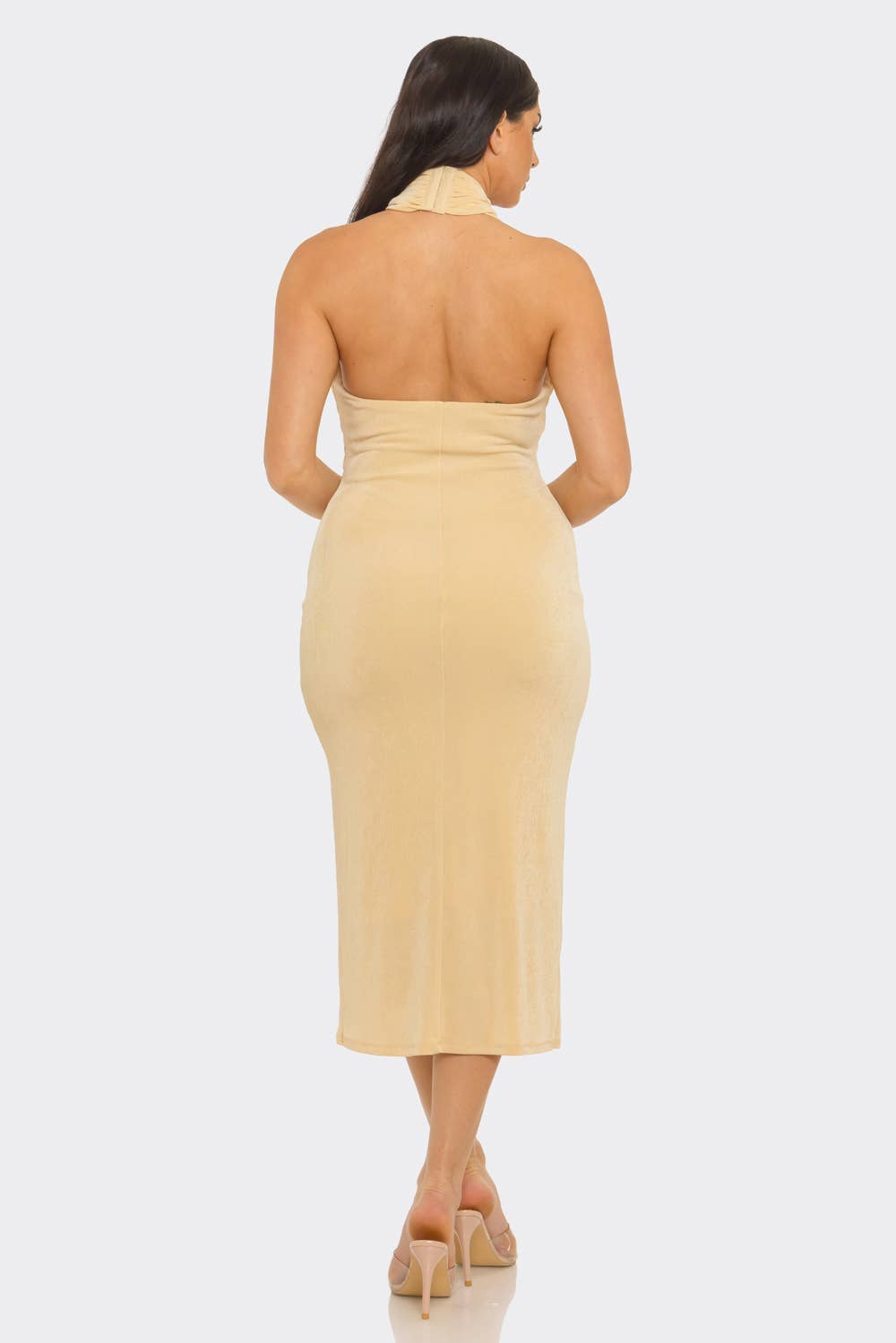Cream Front Halter Neck Back Hook Tie Open Back Midi Dress