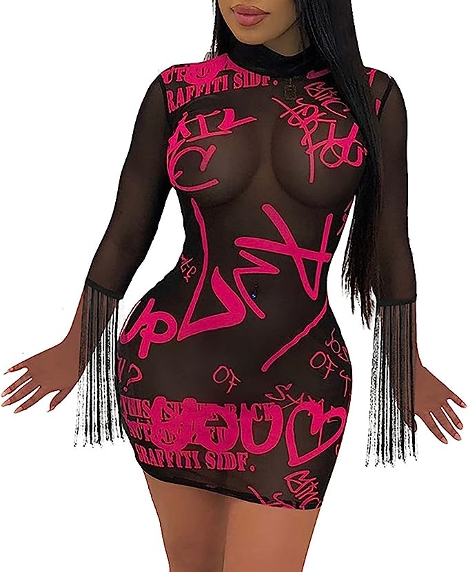BLACK & PINK SEE THROUGH DRESS WITH TASSELS