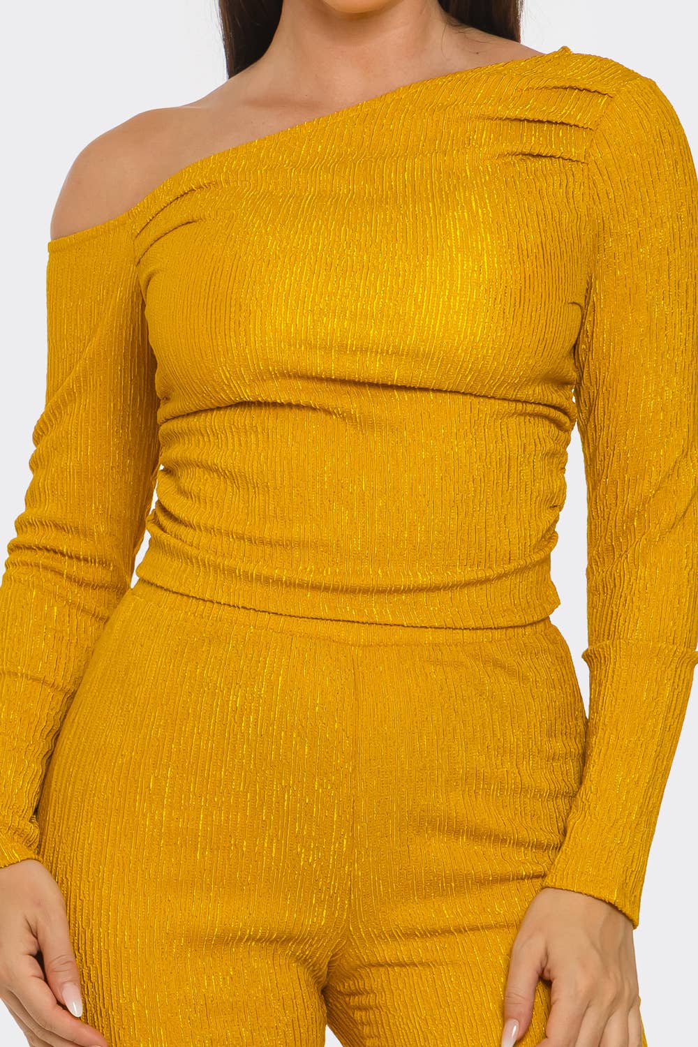 Julia by LoveJ - Asymmetrical Shoulder Shirring Top And Pants Set