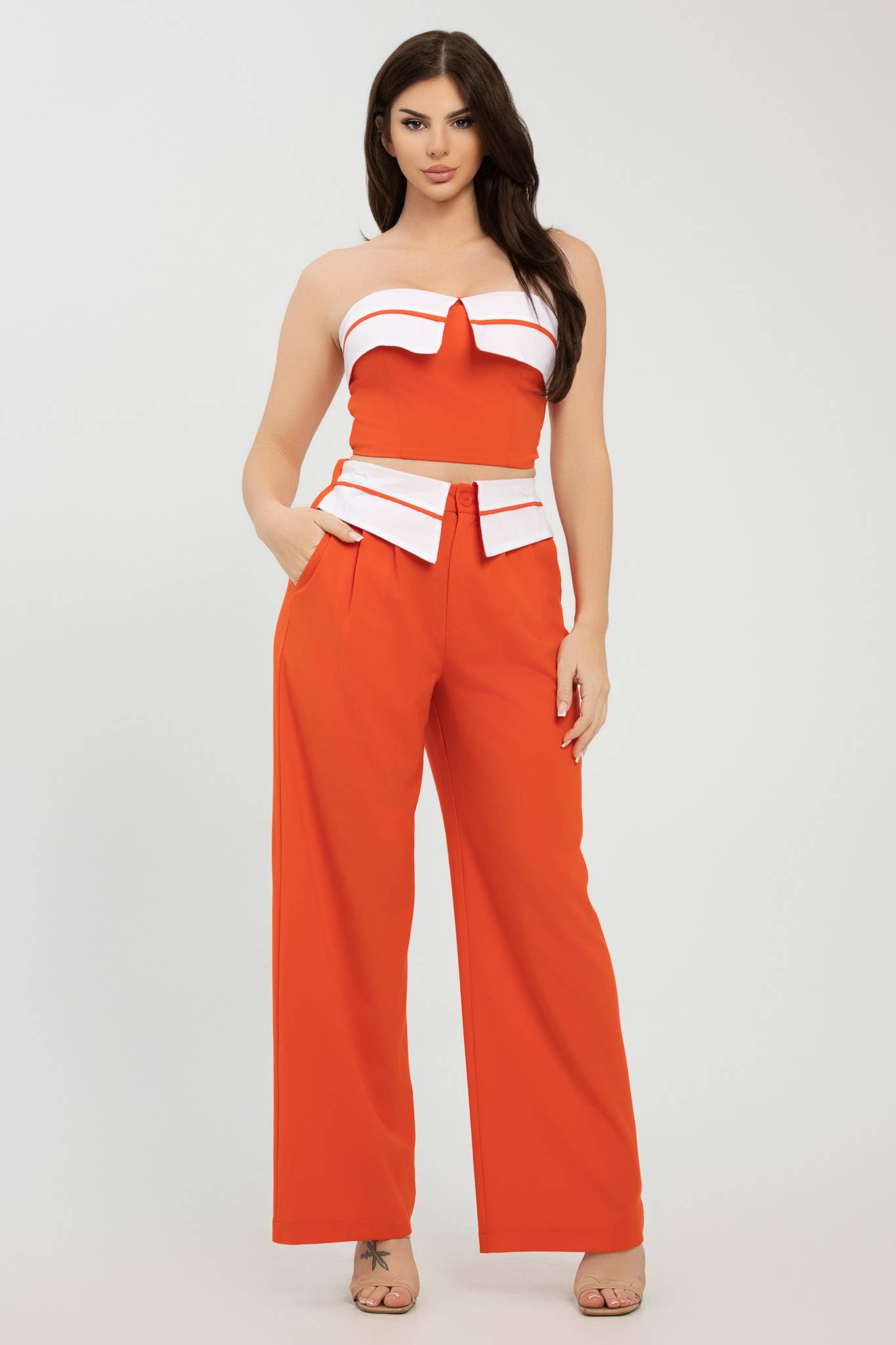 Julia by LoveJ -  Front Fold-Over Color Contrast Top And Pants Set