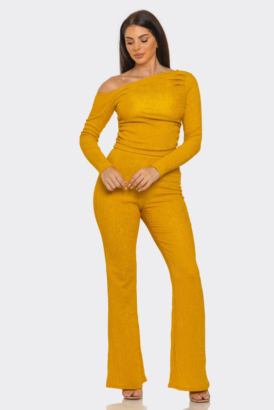 Julia by LoveJ - Asymmetrical Shoulder Shirring Top And Pants Set