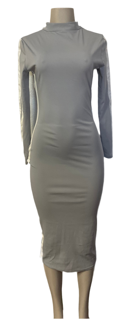 GREY WHITE STRIP FITTED DRESS