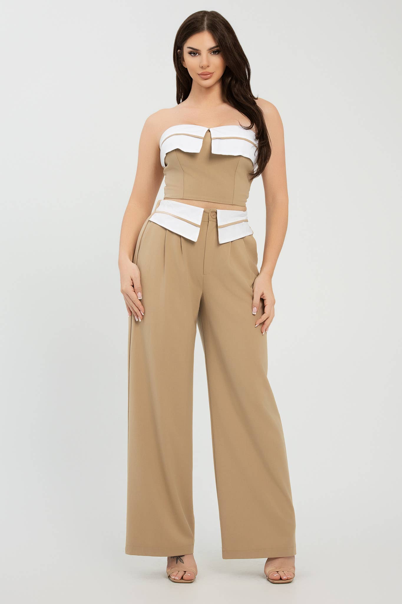 Julia by LoveJ -  Front Fold-Over Color Contrast Top And Pants Set