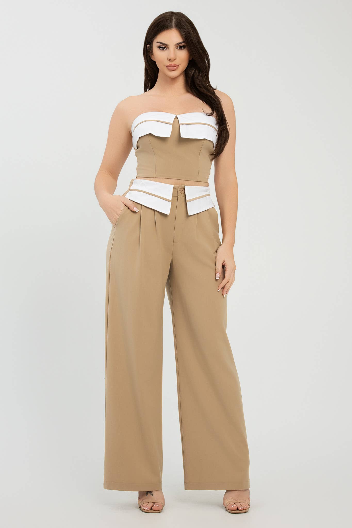 Julia by LoveJ -  Front Fold-Over Color Contrast Top And Pants Set