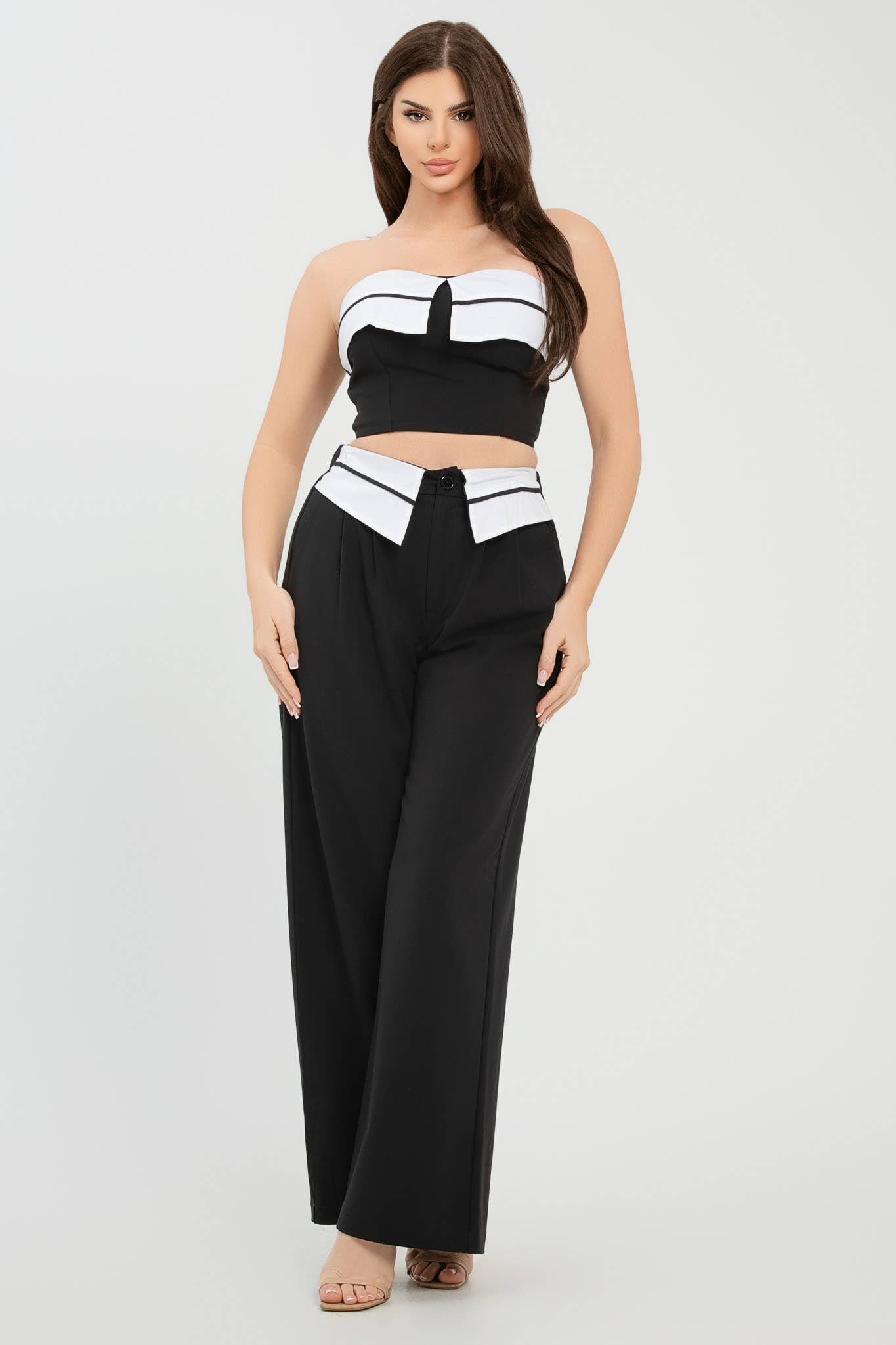 Julia by LoveJ -  Front Fold-Over Color Contrast Top And Pants Set