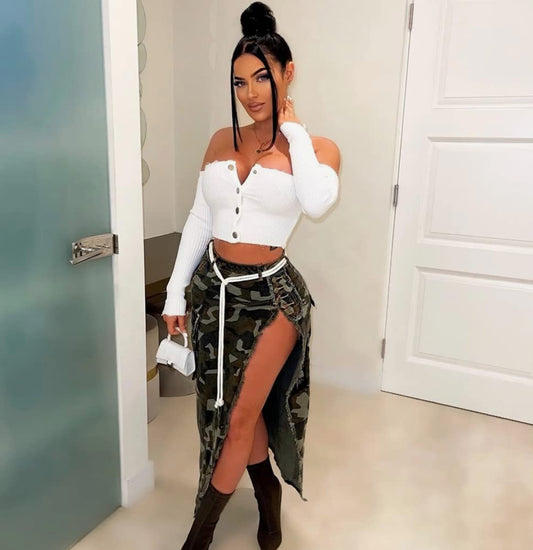 Ladies High Split Camo Cargo Skirt