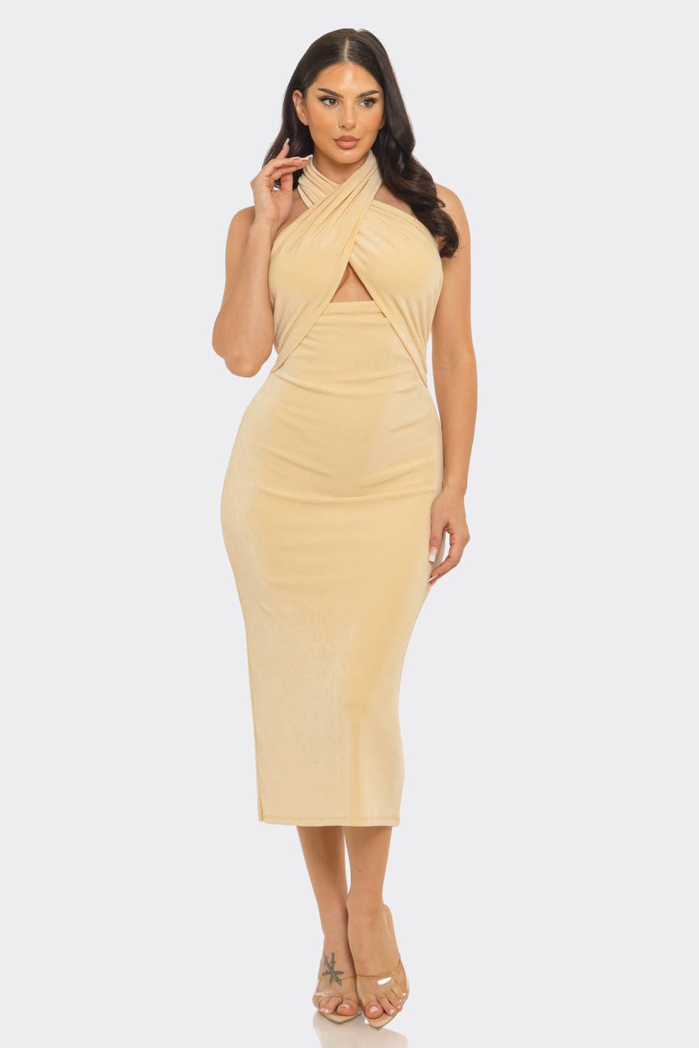 Julia by LoveJ - Front Halter Neck Back Hook Tie Open Back Midi Dress