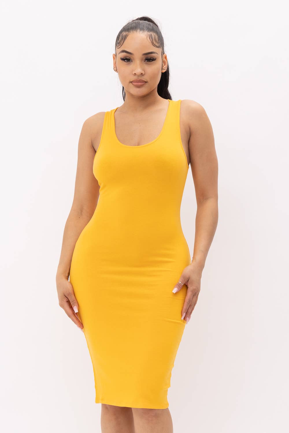 Julia by LoveJ - Cotton Spandex Solid Sleeveless Tank Bodycon Midi Dress
