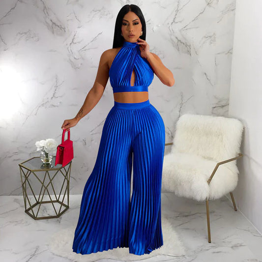 LADIES ROYAL BLUE HALTER TOP WITH WIDE LEG PANTS