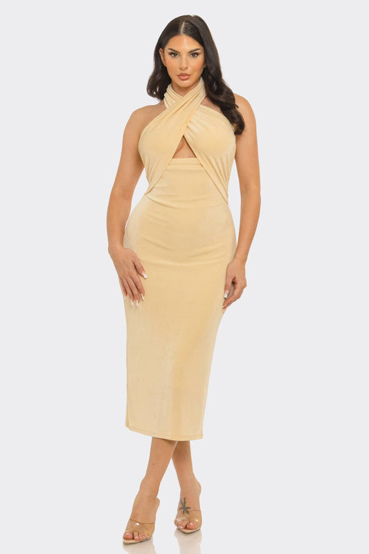 Julia by LoveJ - Front Halter Neck Back Hook Tie Open Back Midi Dress