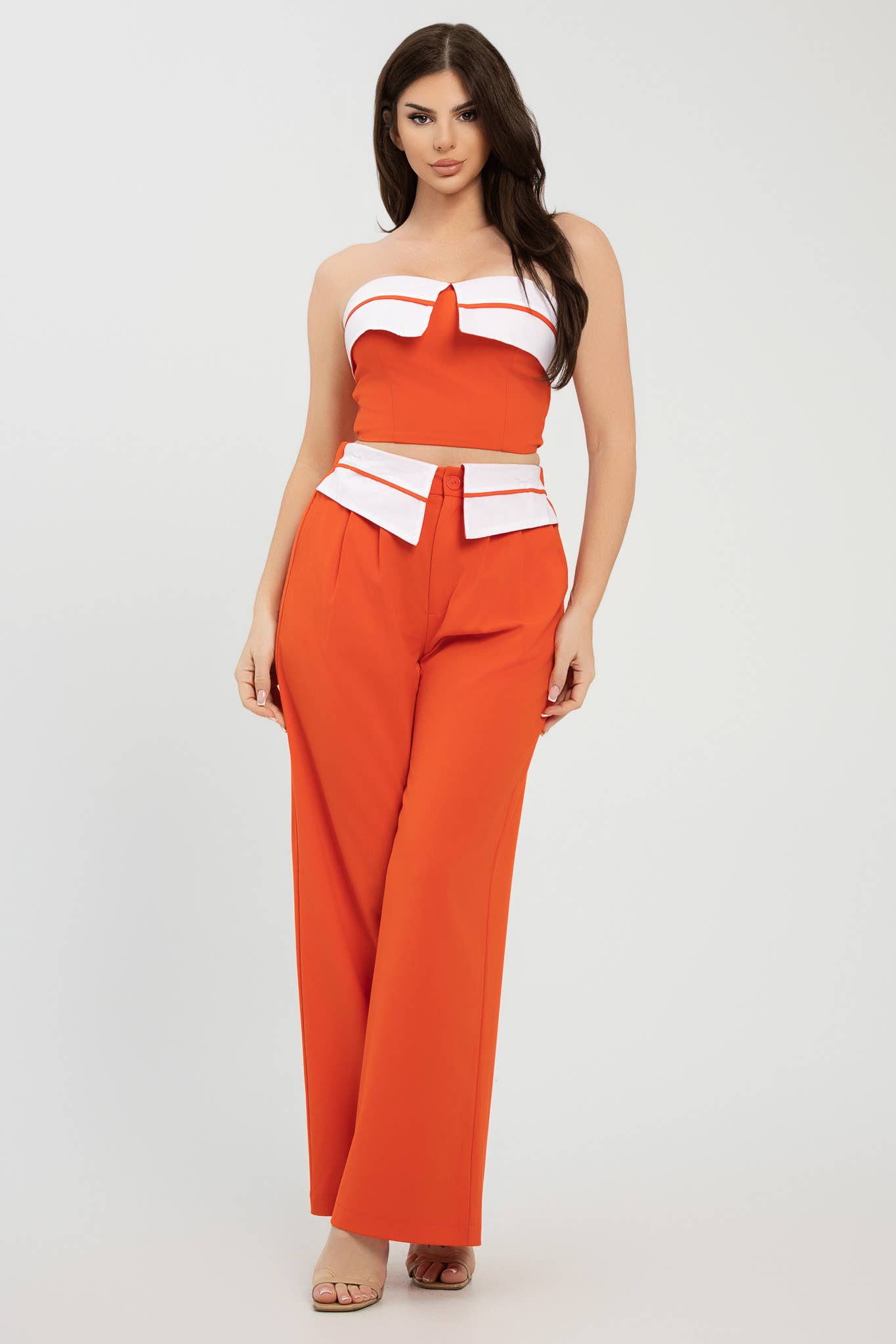 Julia by LoveJ -  Front Fold-Over Color Contrast Top And Pants Set