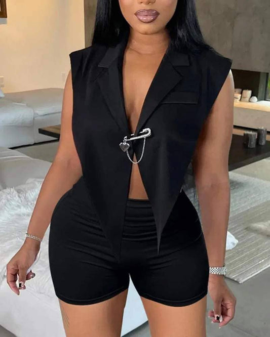 Black Open back Asymmetrical Top Short Set