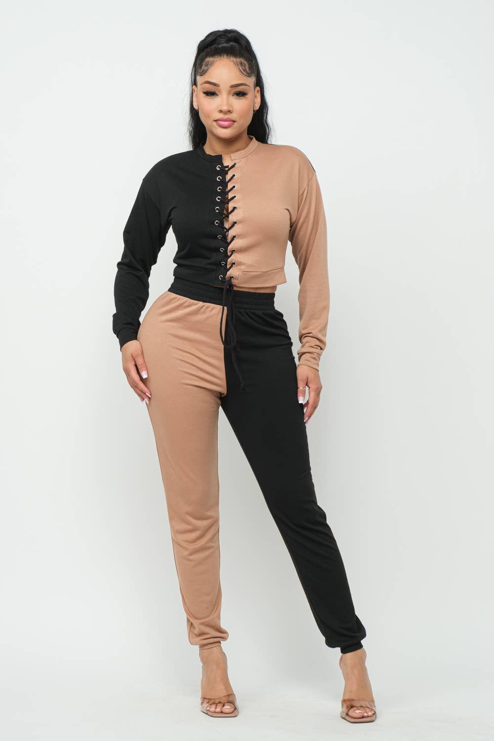 Julia by LoveJ - Color Block Eyelet Cross Tie Top And Pants Set