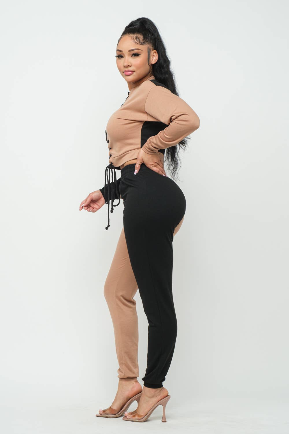 Julia by LoveJ - Color Block Eyelet Cross Tie Top And Pants Set