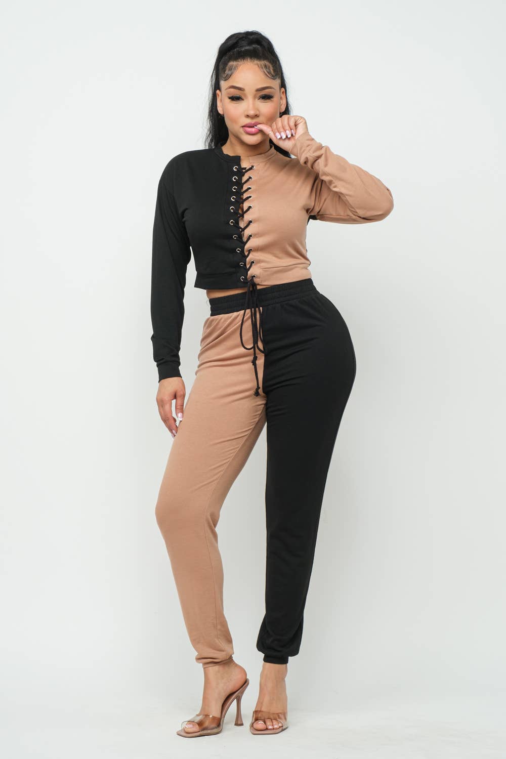 Julia by LoveJ - Color Block Eyelet Cross Tie Top And Pants Set