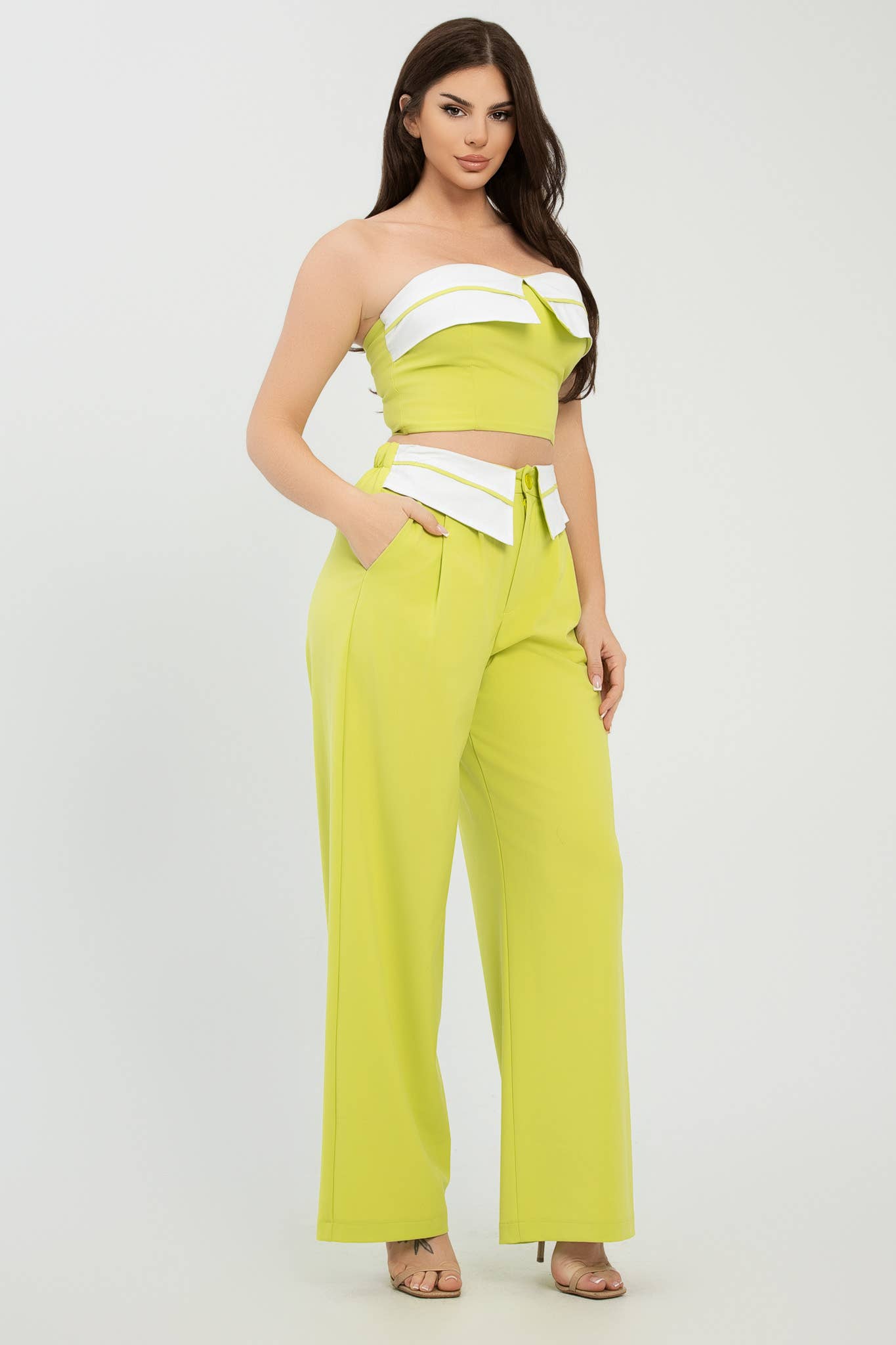 Julia by LoveJ -  Front Fold-Over Color Contrast Top And Pants Set