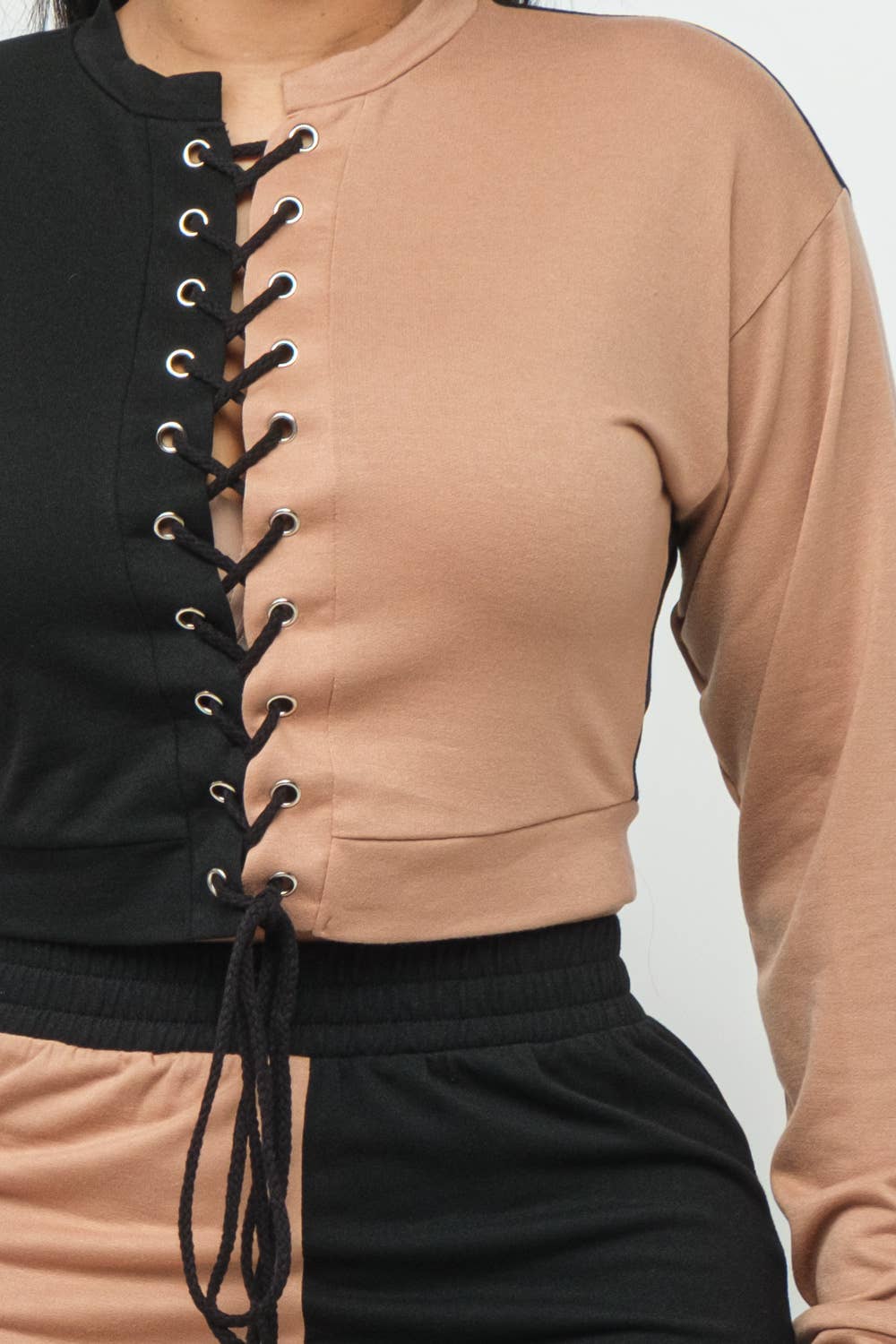 Julia by LoveJ - Color Block Eyelet Cross Tie Top And Pants Set