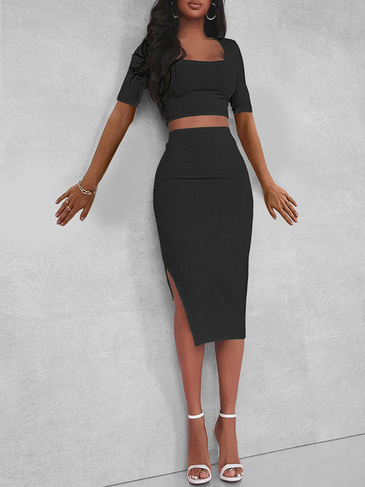 LADIES BLACK CROP TOP 2 PIECE