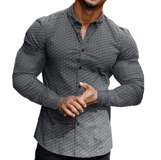 MEN GREY & WHITE LONG SLEEVE BUTTON DOWN SHIRT