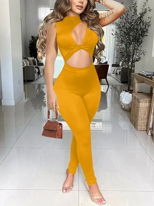 LADIES GOLD YELLOW BODYCON SLEEVELESS ROMPER