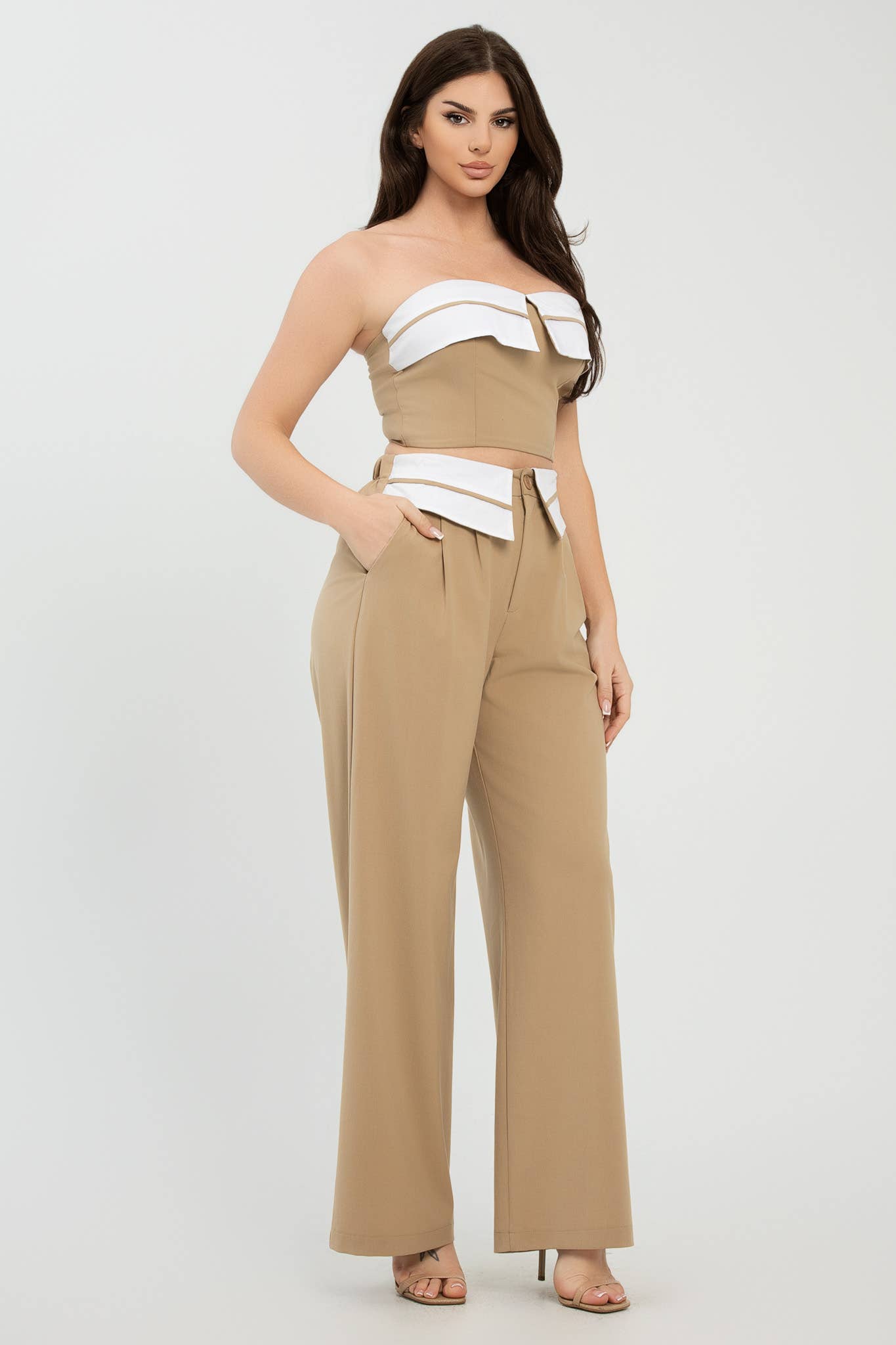 Julia by LoveJ -  Front Fold-Over Color Contrast Top And Pants Set