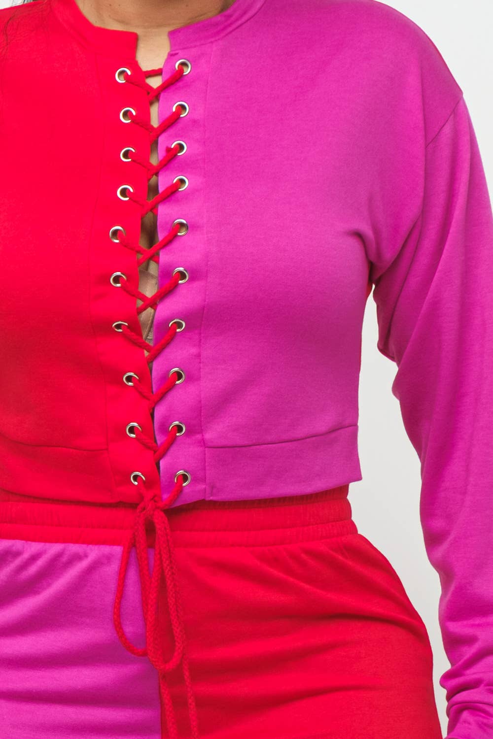 Julia by LoveJ - Color Block Eyelet Cross Tie Top And Pants Set