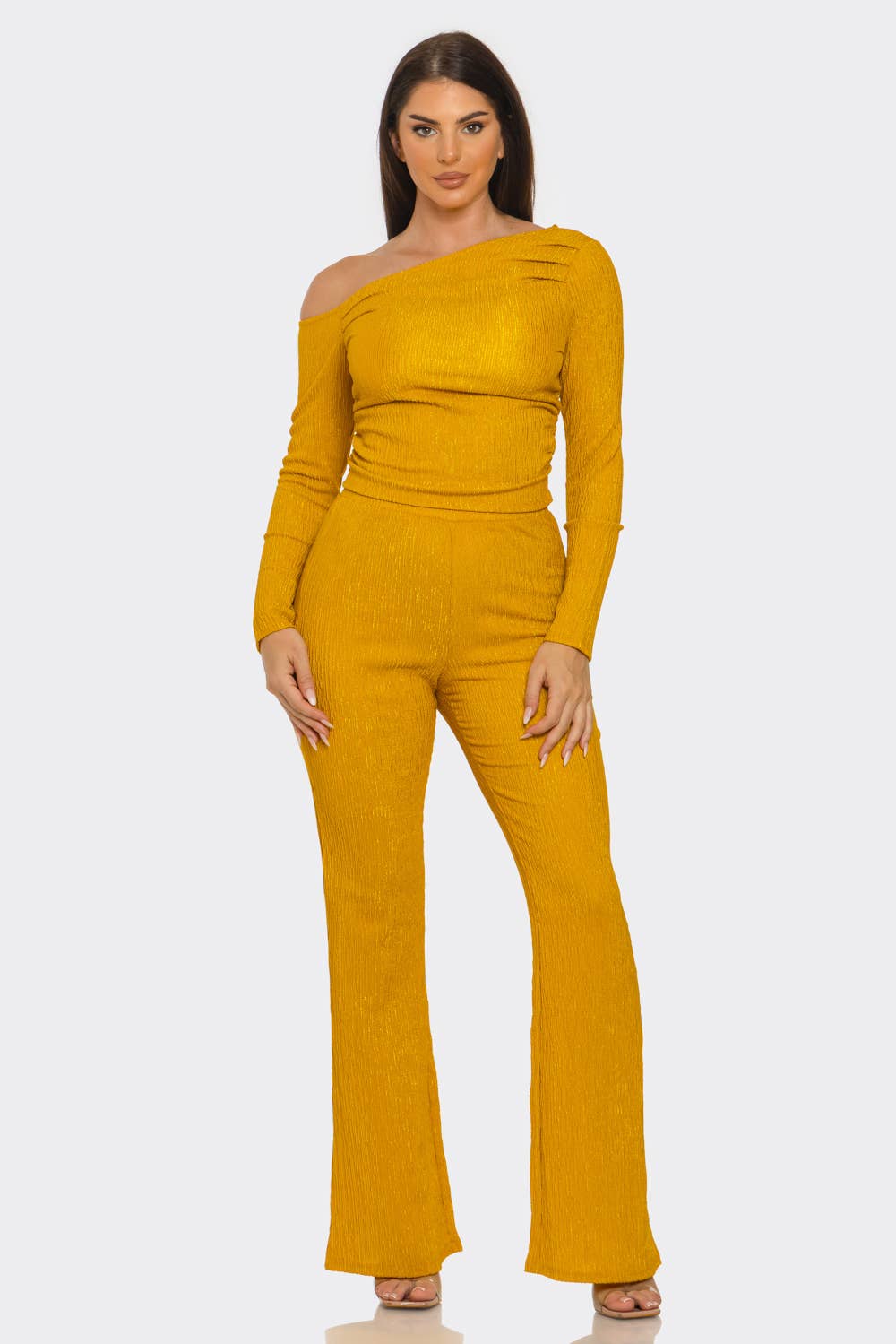 Julia by LoveJ - Asymmetrical Shoulder Shirring Top And Pants Set