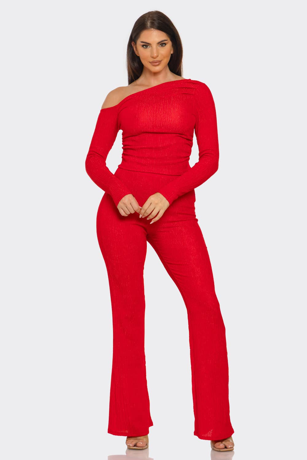 Julia by LoveJ - Asymmetrical Shoulder Shirring Top And Pants Set
