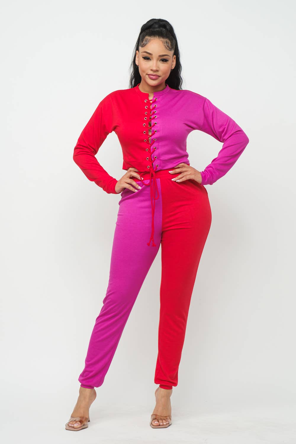 Julia by LoveJ - Color Block Eyelet Cross Tie Top And Pants Set