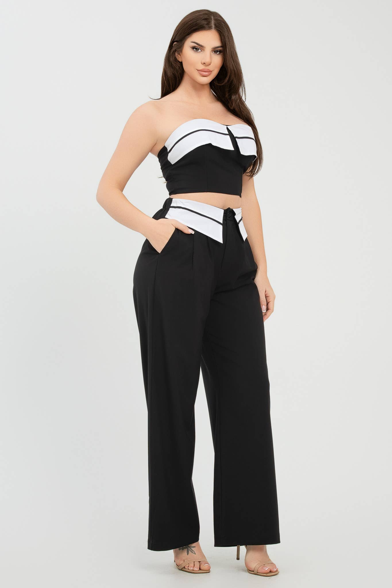 Julia by LoveJ -  Front Fold-Over Color Contrast Top And Pants Set