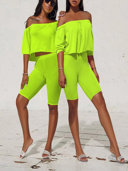 LADIES NEON GREEN OFF THE SHOULDER CROP TOP 2 PIECE