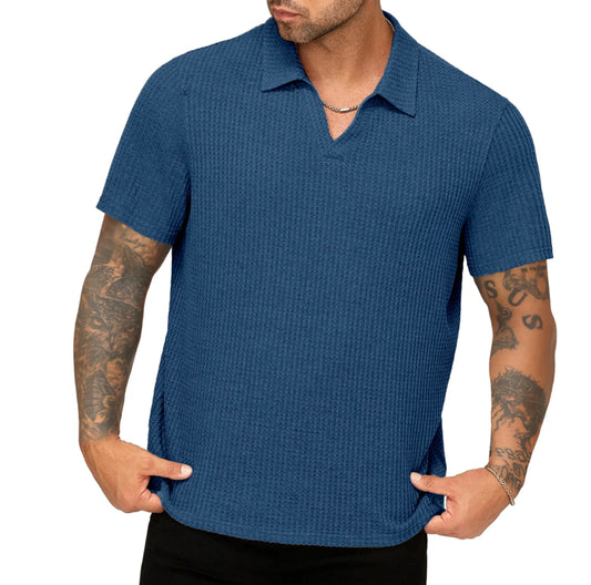 MEN BLUE WAFFLE POLO SHIRT