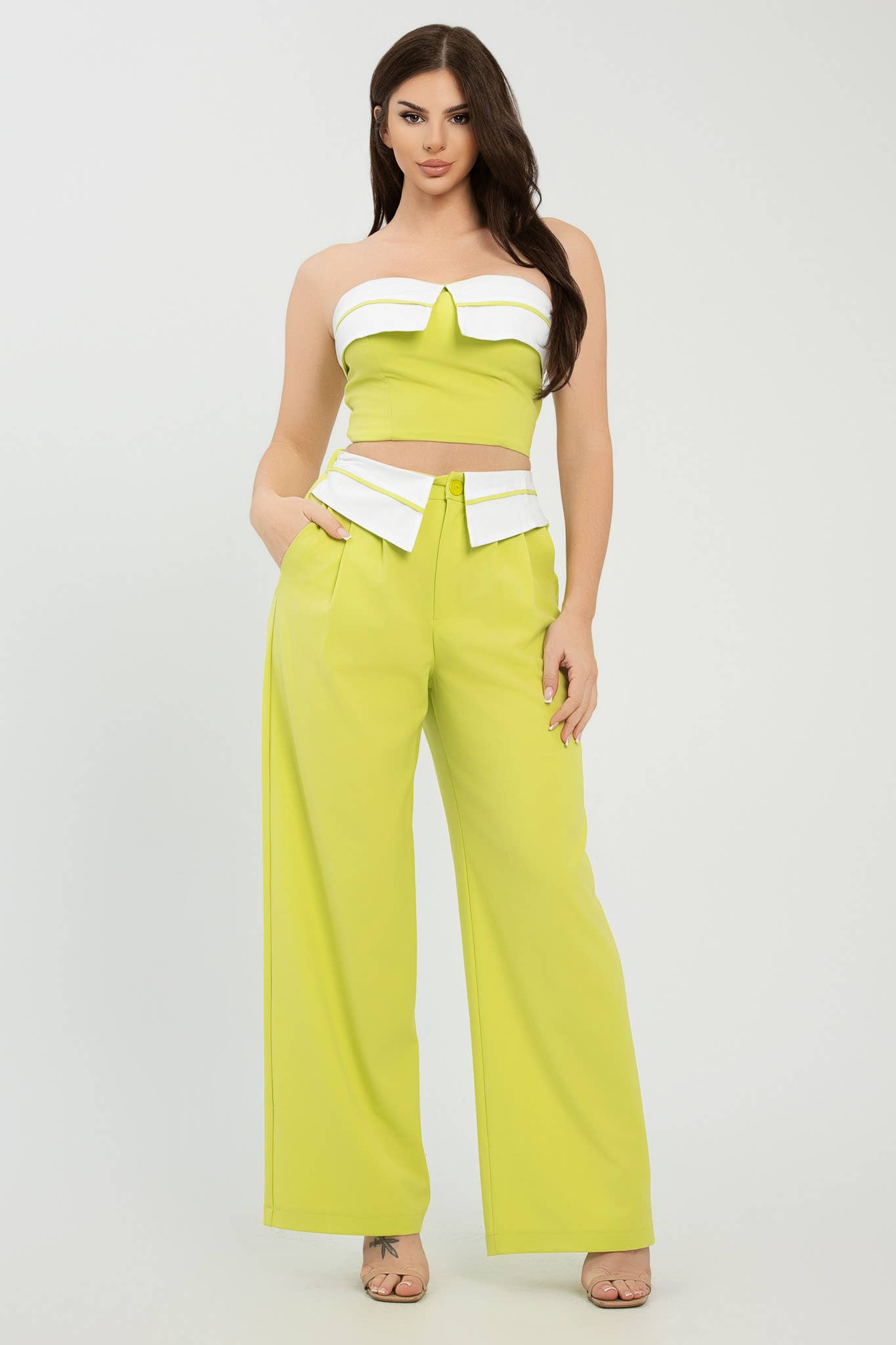 Julia by LoveJ -  Front Fold-Over Color Contrast Top And Pants Set