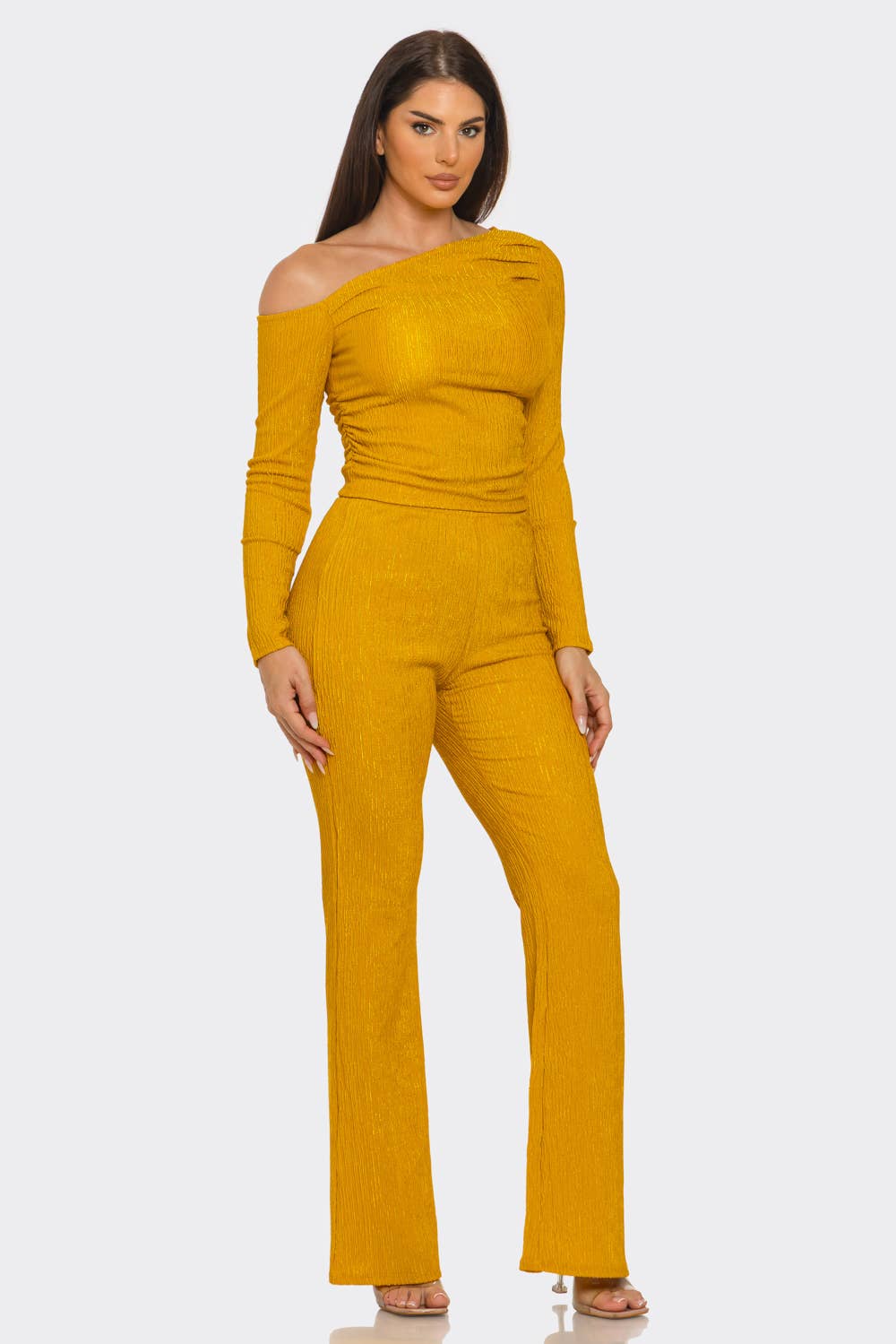 Julia by LoveJ - Asymmetrical Shoulder Shirring Top And Pants Set