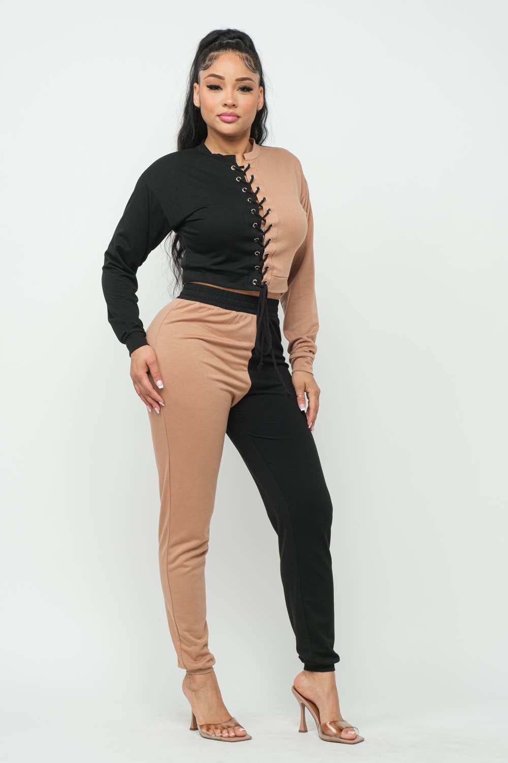 Julia by LoveJ - Color Block Eyelet Cross Tie Top And Pants Set