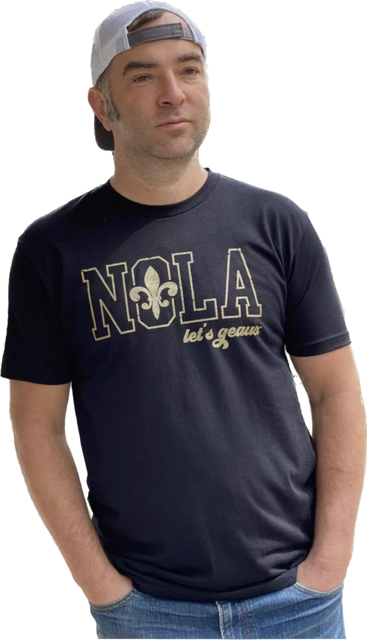 MEN BLACK GOLD NOLA LETS GO SAINTS GRAPHIC TEE