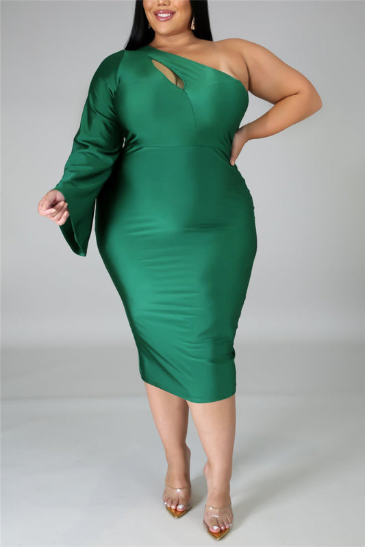 LADIES GREEN ONE SHOULDER DRESS